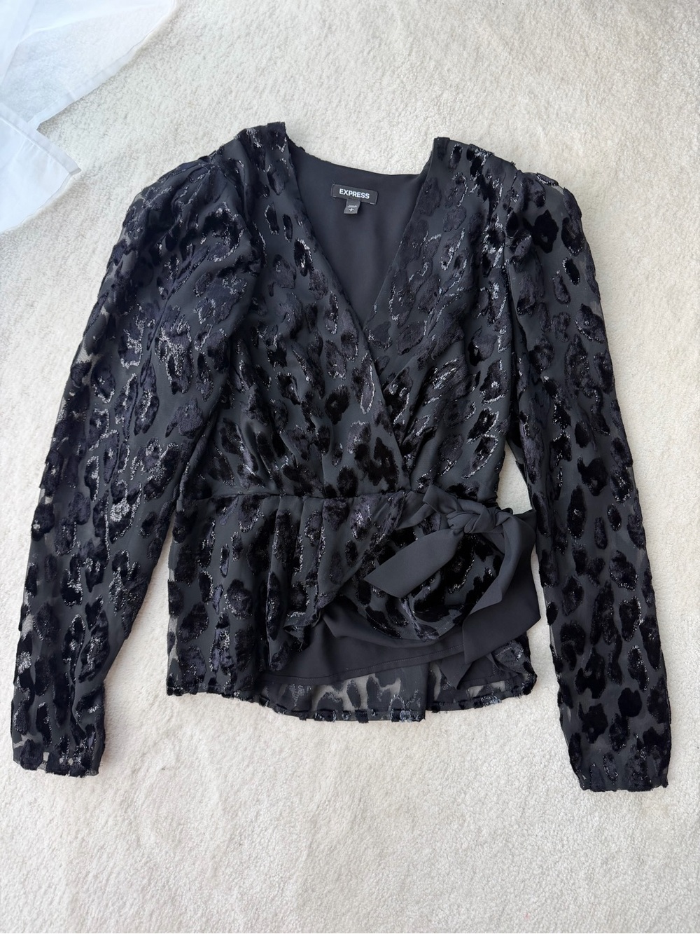Express Black Velvet Sheer Leopard Wrap Blouse with Side Ties